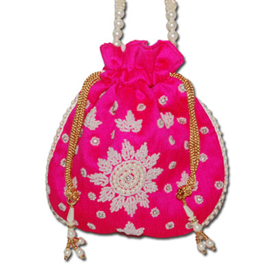 "Designer Beads Potli (Contrast Pink color) -12012- 001 - Click here to View more details about this Product